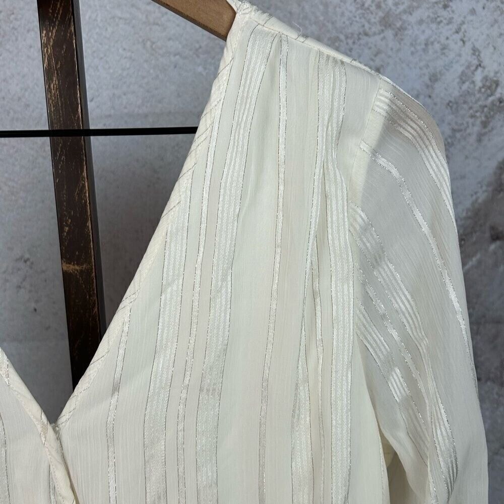 BCX ruffled sleeve shimmer top size L tonal pinstripe  feminine wrap blouse Y2K - Picture 4 of 6
